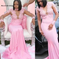 sexy african pink evening dress illusion long sleeve lace mermaid black girl prom dress 2020 floor length satin graduation gown