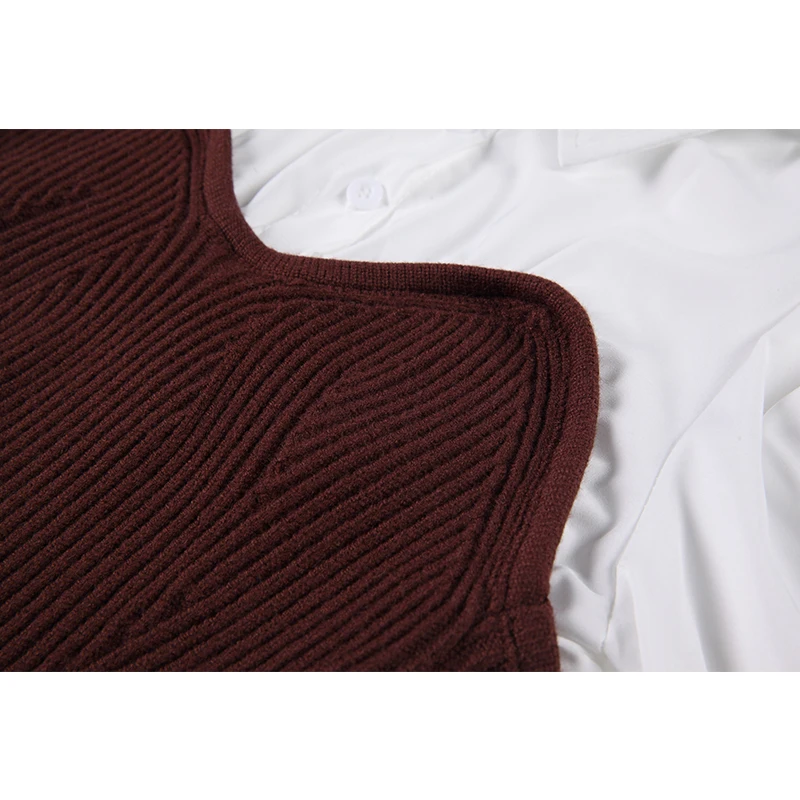 

Knitted Spliced Blouse Women 2020 Puff Long Sleeve Slim Pullover Tight Shirt Female Spring Vintage Fake Two Piece Tops Lady