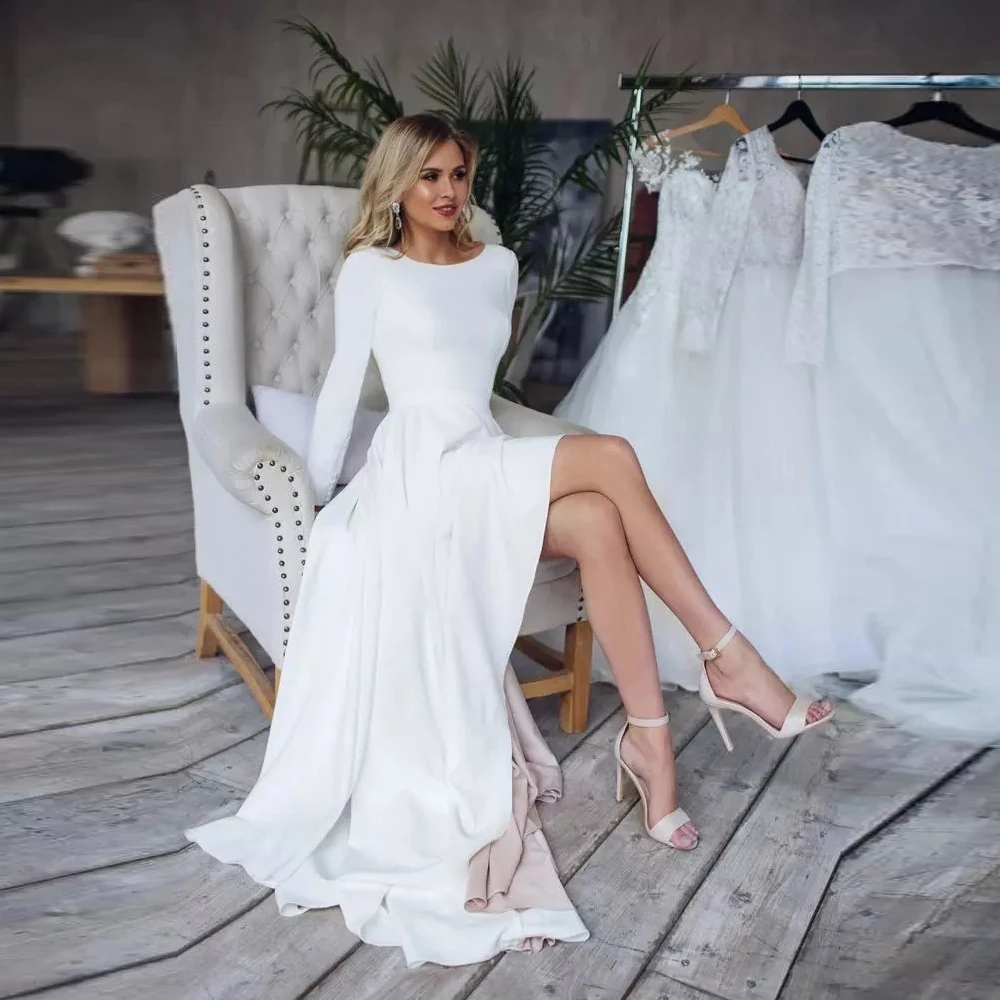 

Vestidos Sexy Wedding Dresses Jersey Pleat Bateau Full Sleevelesss Backlesse A-Line Bridal Gowns Novia Do 2021