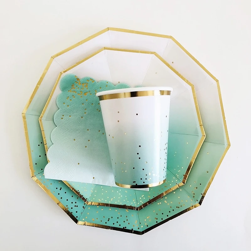 Disposable Tableware Gold Foil Gradient Paper Plates/Cups/Napkins For Home Kids Birthday Wedding Baby Shower Party Decorations | Дом и сад