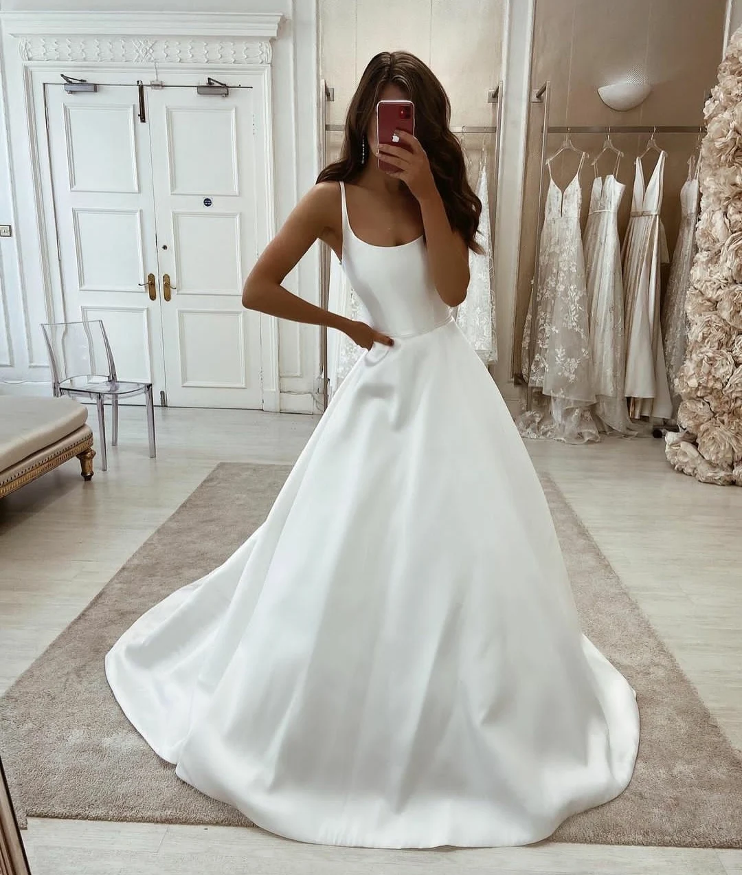 

Длинное атласное свадебное платье с карманами, элегантное платье-трапеция с открытой спиной, платье с открытой спиной для женщин