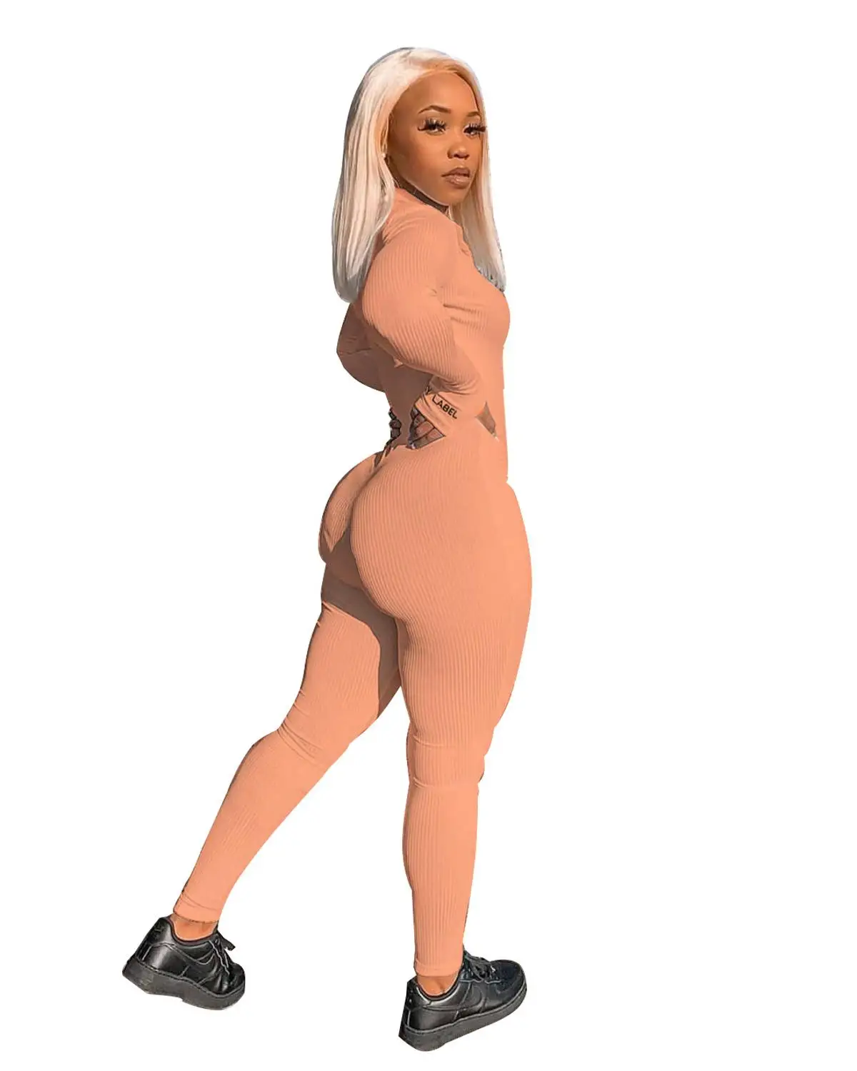 

Casual Women Ribbed Jumpsuits Letters Sleeves Turtleneck Zippers Rib Bodysuit Skinny Raised Lines Pattern Outdoor Wear