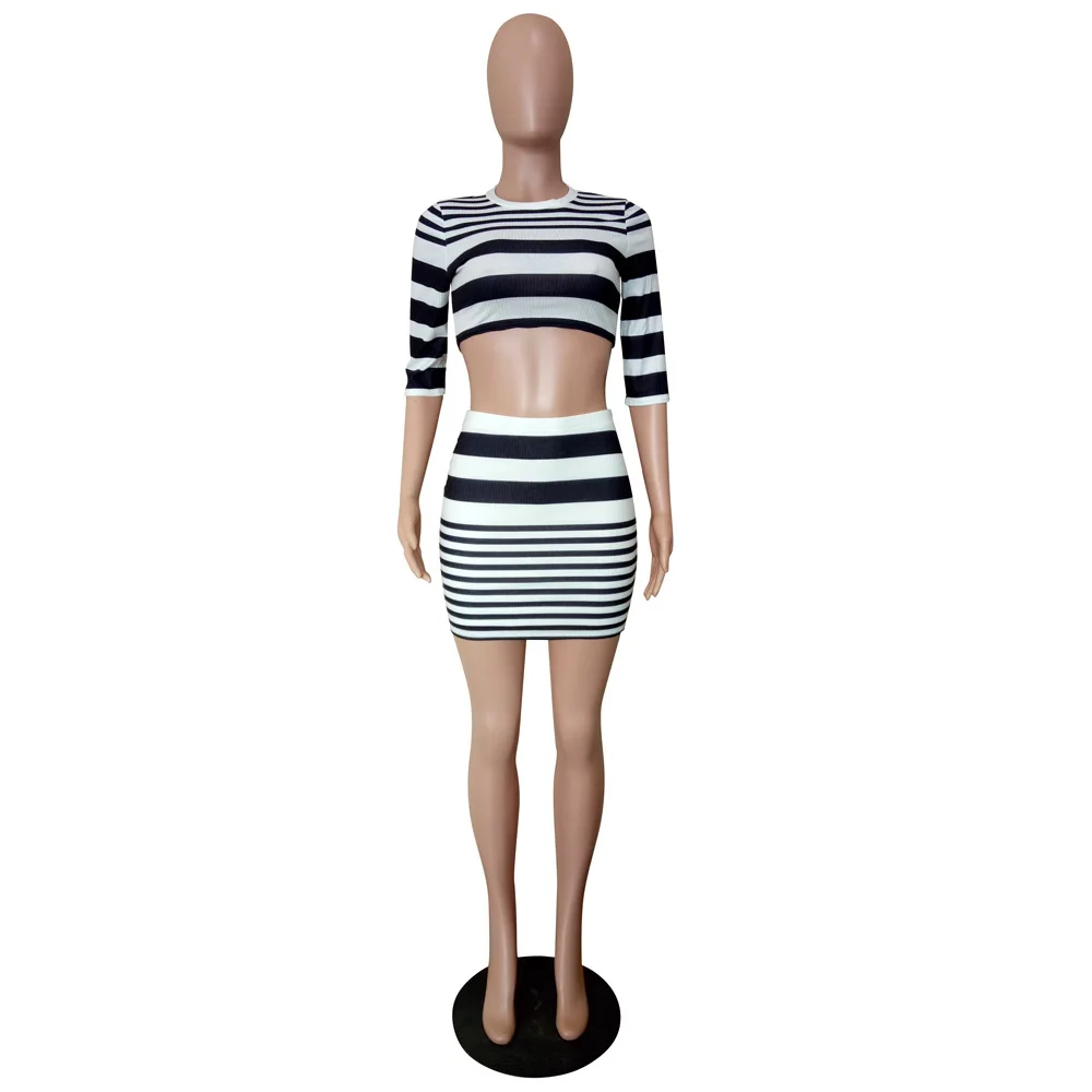 2020 новый дизайн Женский комплект с юбкой круглый вырез полосатый принт короткий