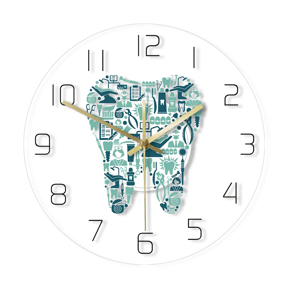 

Dentistry Tooth Wall Clock Dental Care Symbols Acrylic Hanging Clock Quiet Movement Wall Watch Dental Department Decor Wall Sign