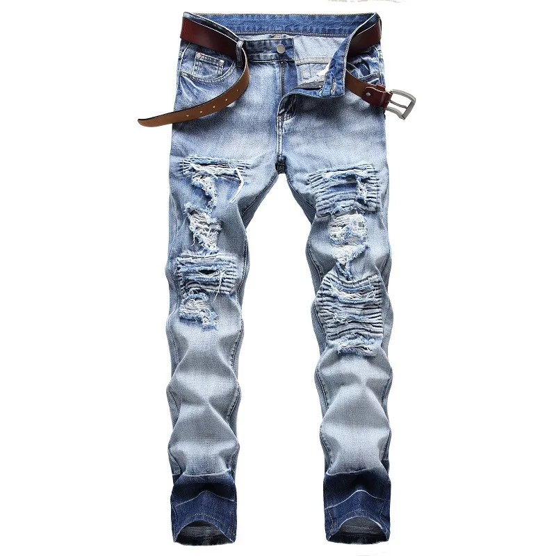 

Denim Ripped Hole MOTO BIKE Straight Jeans Men'S OverSize 38 40 42 2022 Autumn Spring HIP HOP Punk Rock Streetwear Trouers