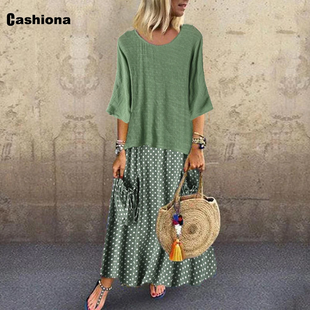 

Женское летнее длинное платье макси в стиле бохо, повседневные платья в горошек с карманами и рукавом три четверти, свободное женское плать...