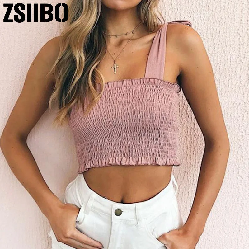 Women Sexy Slim Fashion blouses 2019 summer stretch pleated bow suspenders small vest outer wear sexy word collar blouse | Женская