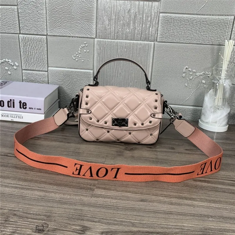 

Leather Genuine Handbag Women Brand Luxury Rivet Cowhide Tote Vintage Solid Plaid Single Crossbody Bags OL Small Messenger Bag