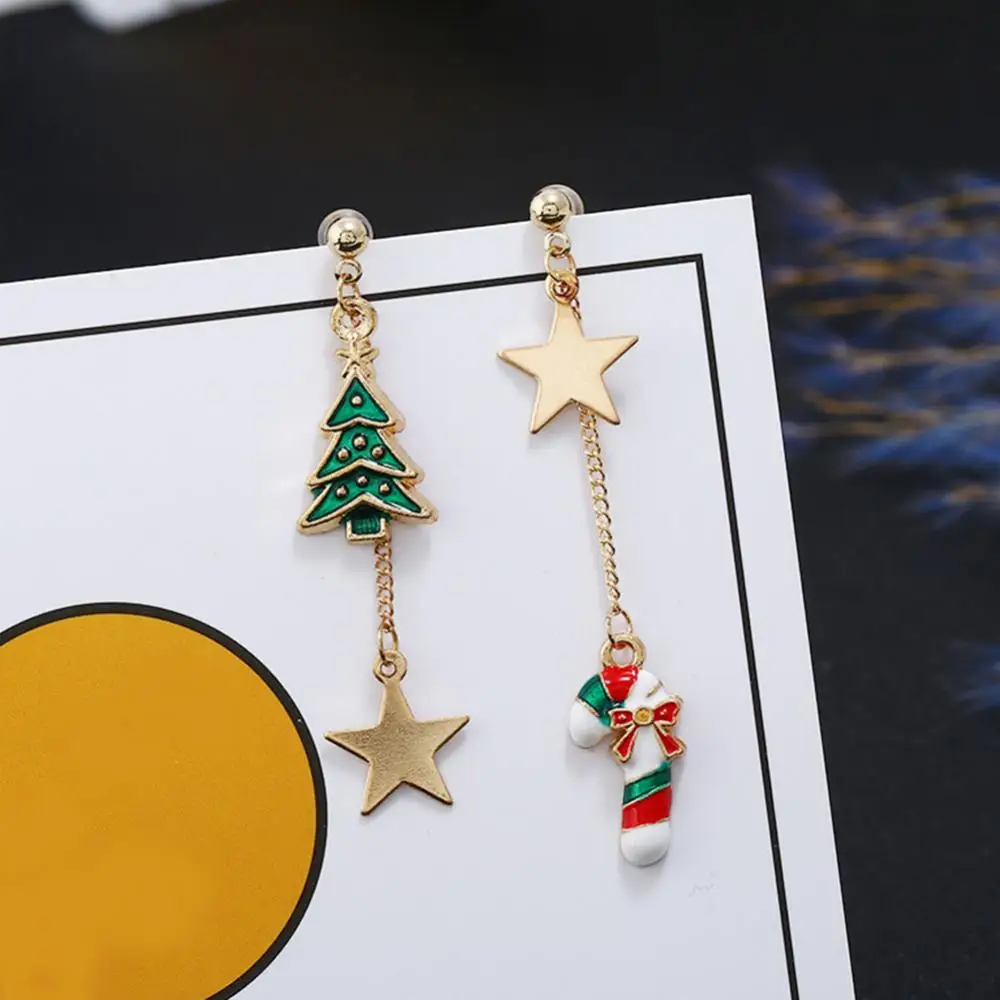 

Hot Sales Women Christmas Tree Cane Star Dangle Asymmetric Stud Earrings Jewelry Xmas Gift
