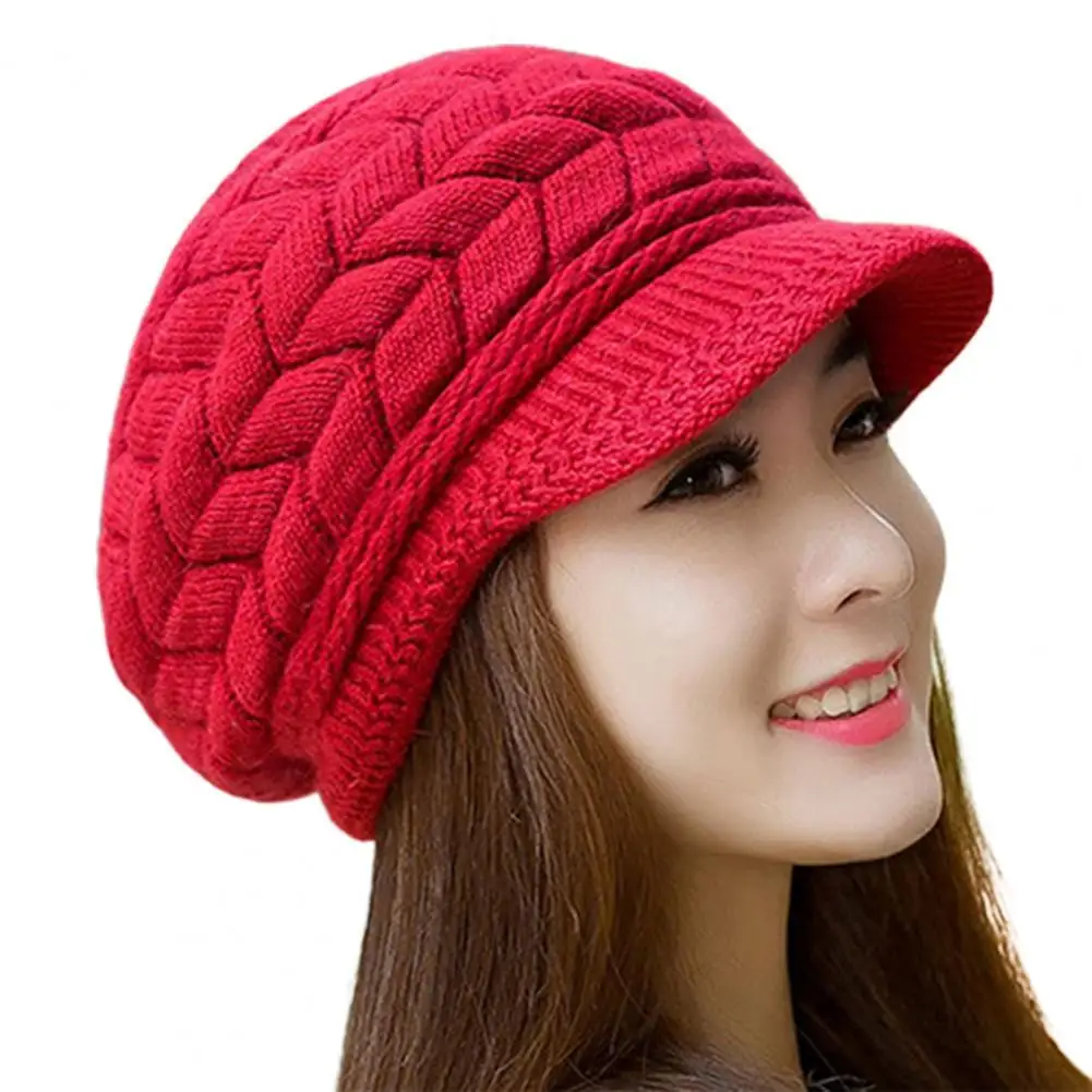 

Knitted Visors HatWomen Girls Autumn Winter Warm Flat Brim Shape Faux Rabbit Fur Fashion Women Cold Hat
