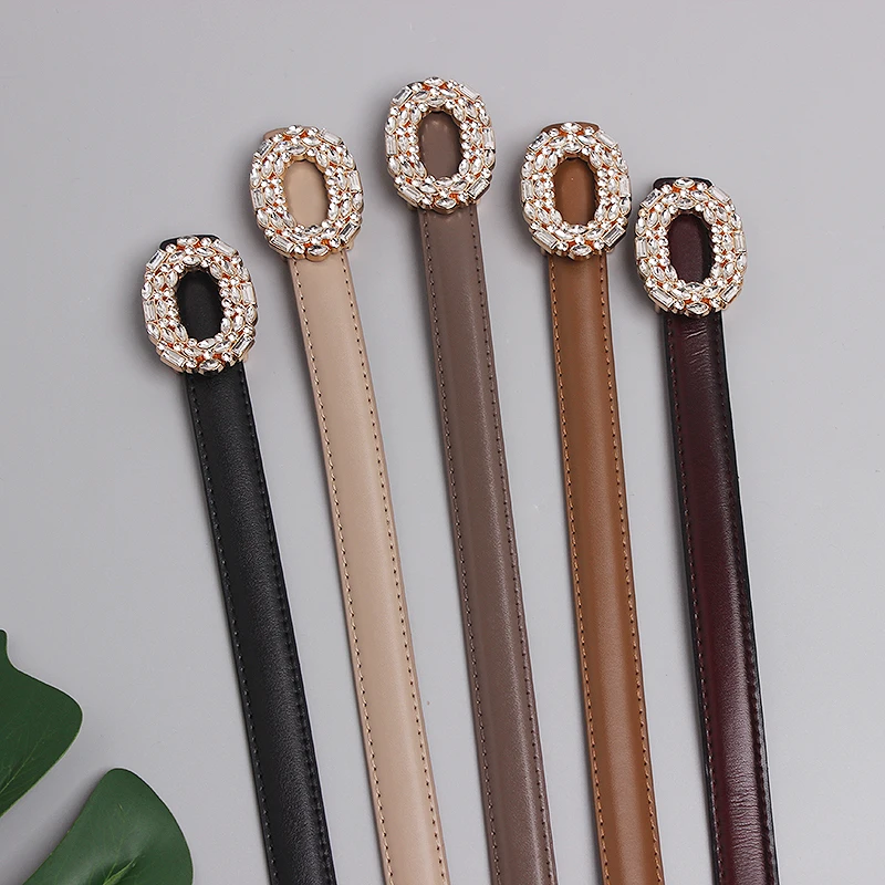 2021 Oval Rhinestone Buckle Pin Cowhide Waist belt Women Adjustable Genuine Leather Fashion Women Belt Waistband Cinch Strap