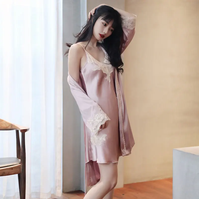 

Women Robe Faux Silk Nightwear Full Slip Lace Loungewear Satin 2PCS Sleepwear Kimono Bathrobe Gown Sexy Intimate Lingerie