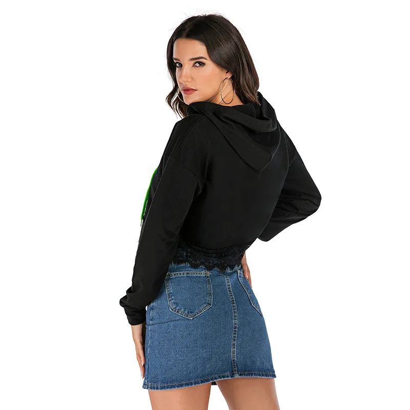 

Personalized customization Female Short Lace Stitching Hoodies Black Coat Hoodie for Woman Custom Logo Printed Customized Text