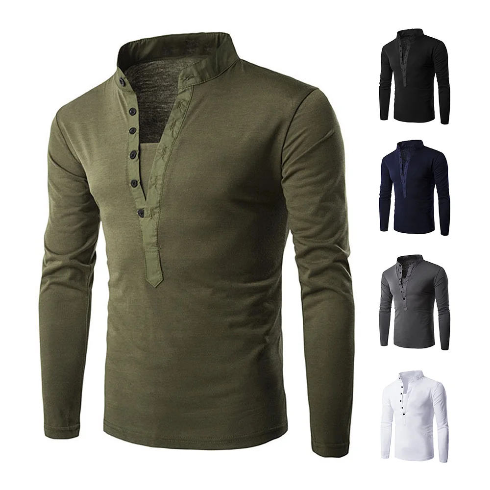 

Men's Long Sleeve T-shirt Spring/Autumn Inner wear Classic Casual Buttons Daily Stand Collar T-Shirt Knit Solid Comfort Male Top