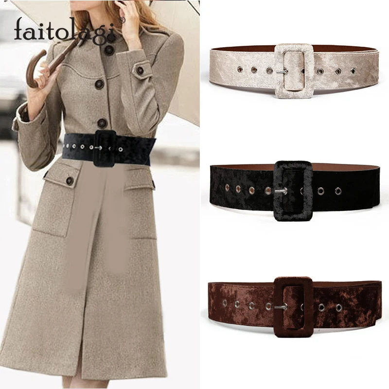 Широкий бархатный женский пояс для платья осенне-зимний ремень с пряжкой язычком