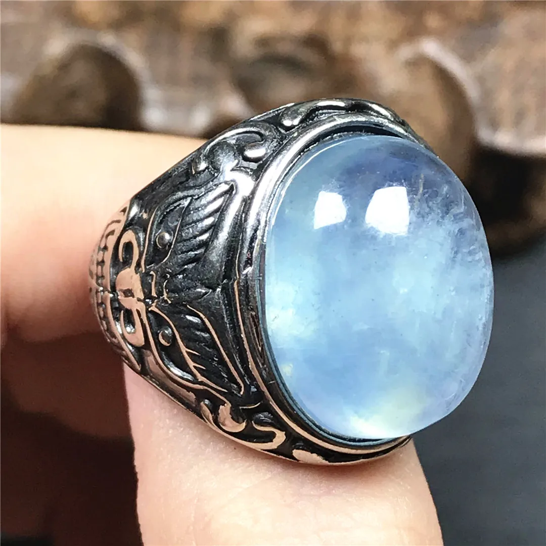 Natural Ocean Blue Aquamarine Ring Jewelry For Man Gift Healing Silver Crystal 18x14mm Oval Beads Stone Adjustable AAAAA | Украшения и