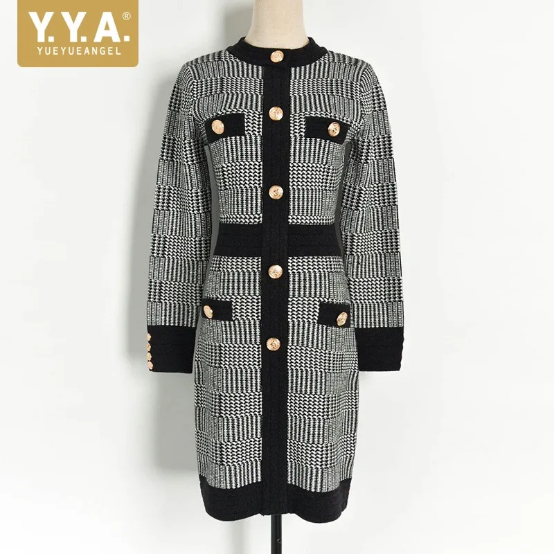 

Ladies Plaid Elegant Slim Knitting Dress Streetwear Long Sleeve Pullover Dress O-Neck High Waist Office Pencil Dress Female