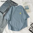 Женские футболки с коротким рукавом, с круглым вырезом и вышивкой, в Корейском стиле