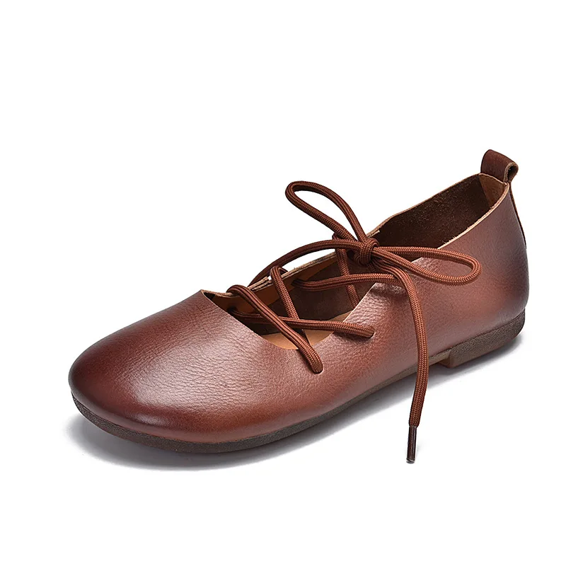 

YourSeason Lace Up Flats Ladies Genuine Leather Spring Autumn Handmade Concise Shallow Round Toe Women Vintage Shoes 2021