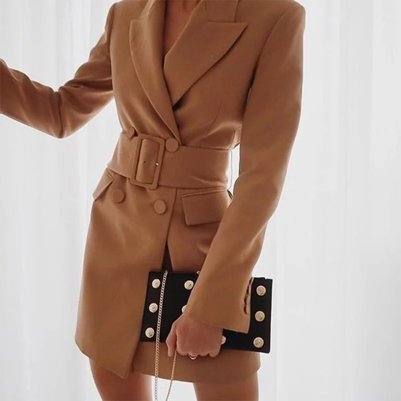 

Elegant Office Lady Autumn Winter Blazer Jackets Coats Women Belt Outerwear Outfits Pocket Buttons Casual Long Professional Suit
