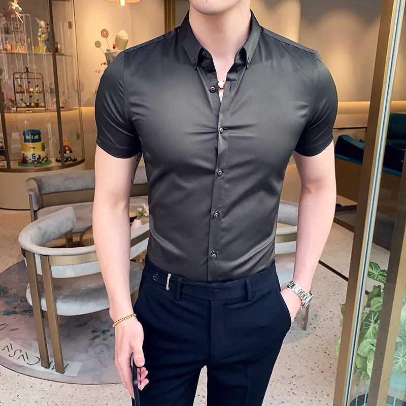 Высококачественная Мужская рубашка с коротким рукавом однотонная повседневная