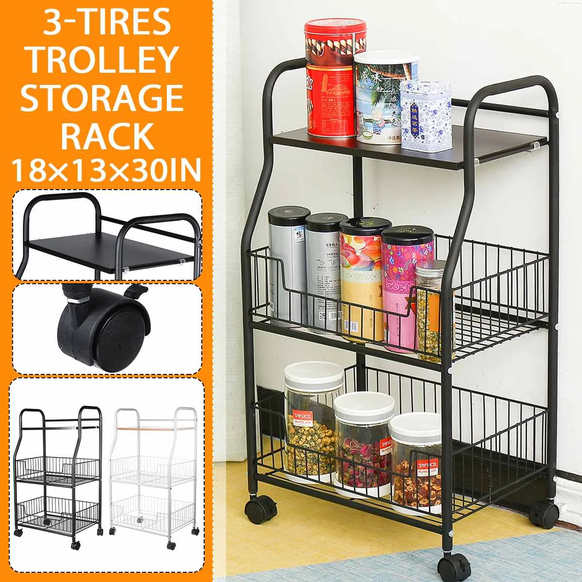 

3 Tier Storage Trolley Cart Kitchen Organizer Bathroom Movable Shelf Wheels Household Stand Holder Rack Kitchen Furniture