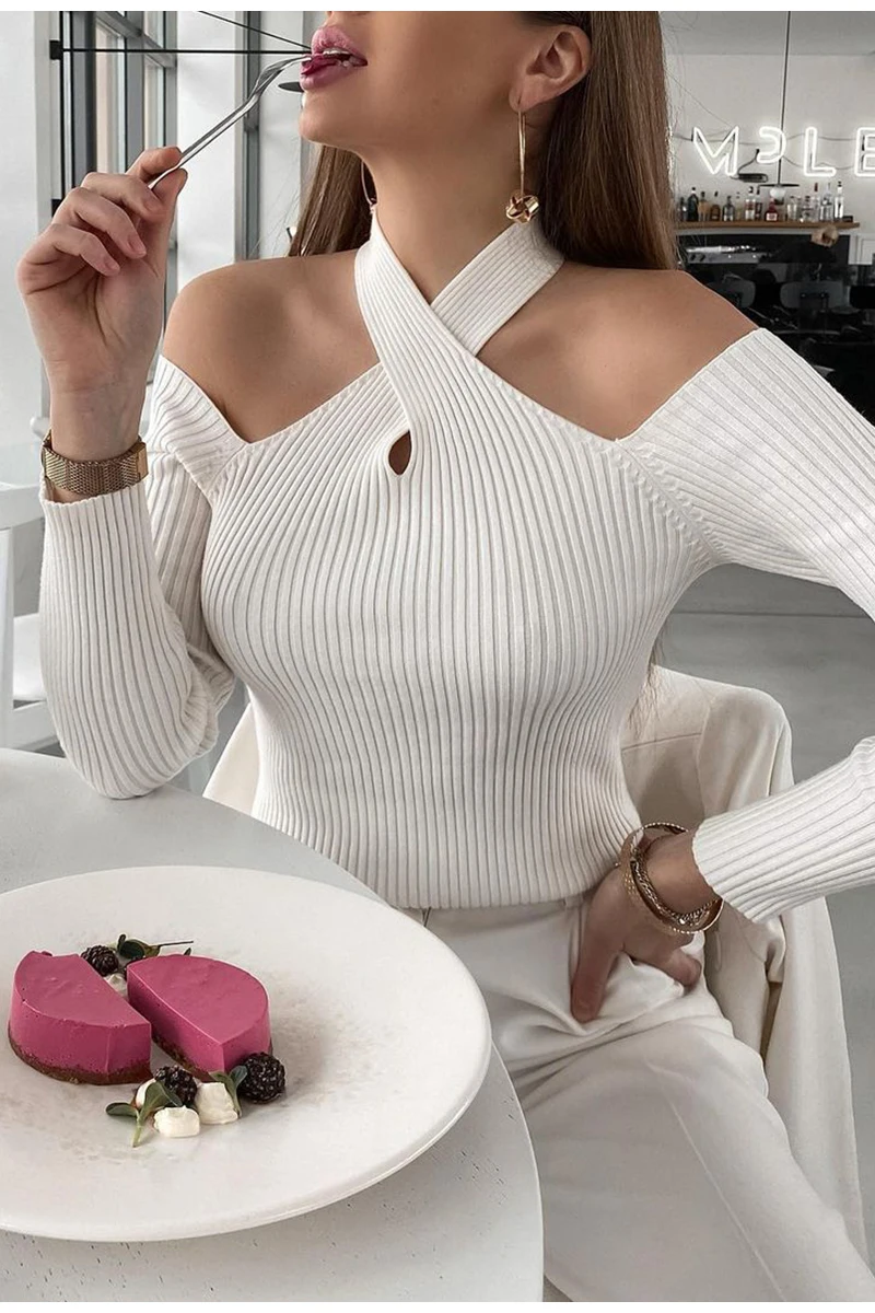 

Белый вязаный пикантный зимний свитер с открытыми плечами, облегающий женский джемпер в стиле High street, Элегантный Модный Базовый Топ