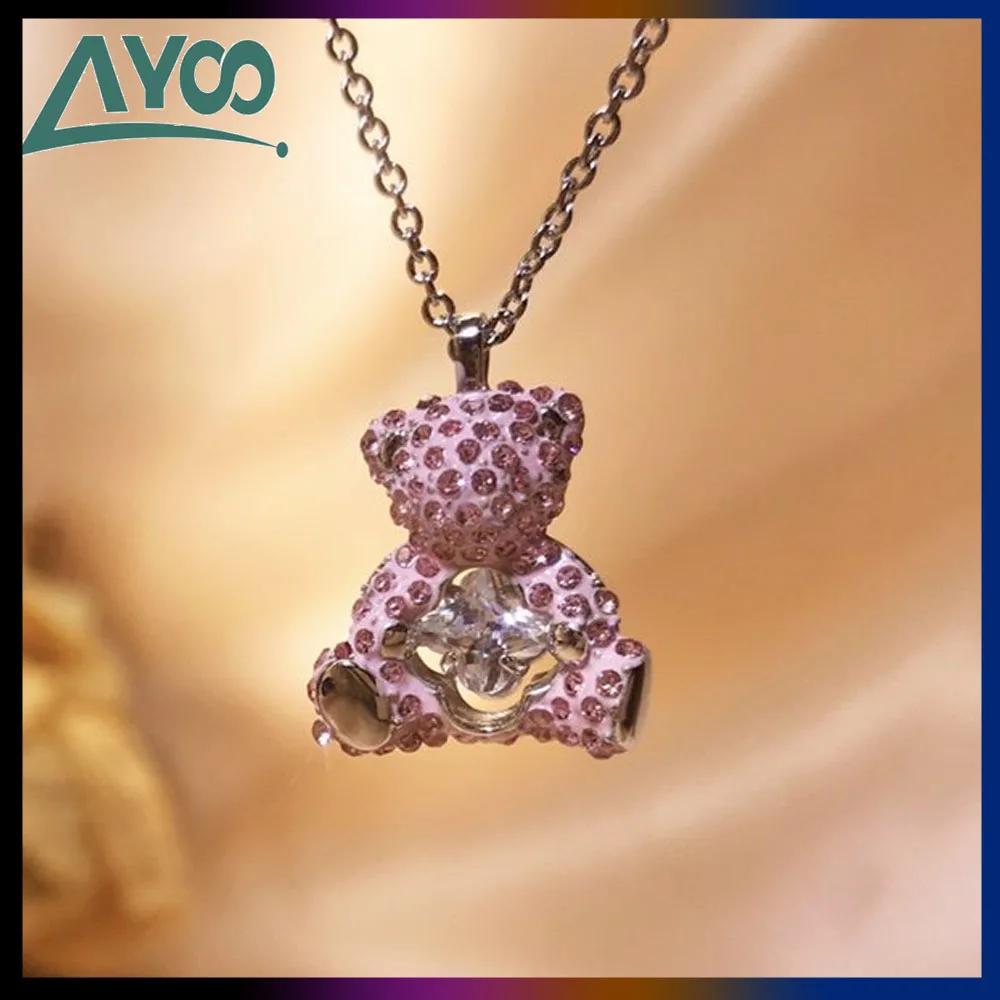 

SWA Fine Jewelry CRALAYSHE Trendy Charm Original 1:1 Beating Heart Cute Childlike Pink Teddy Bear Pendant Necklace Female Gift
