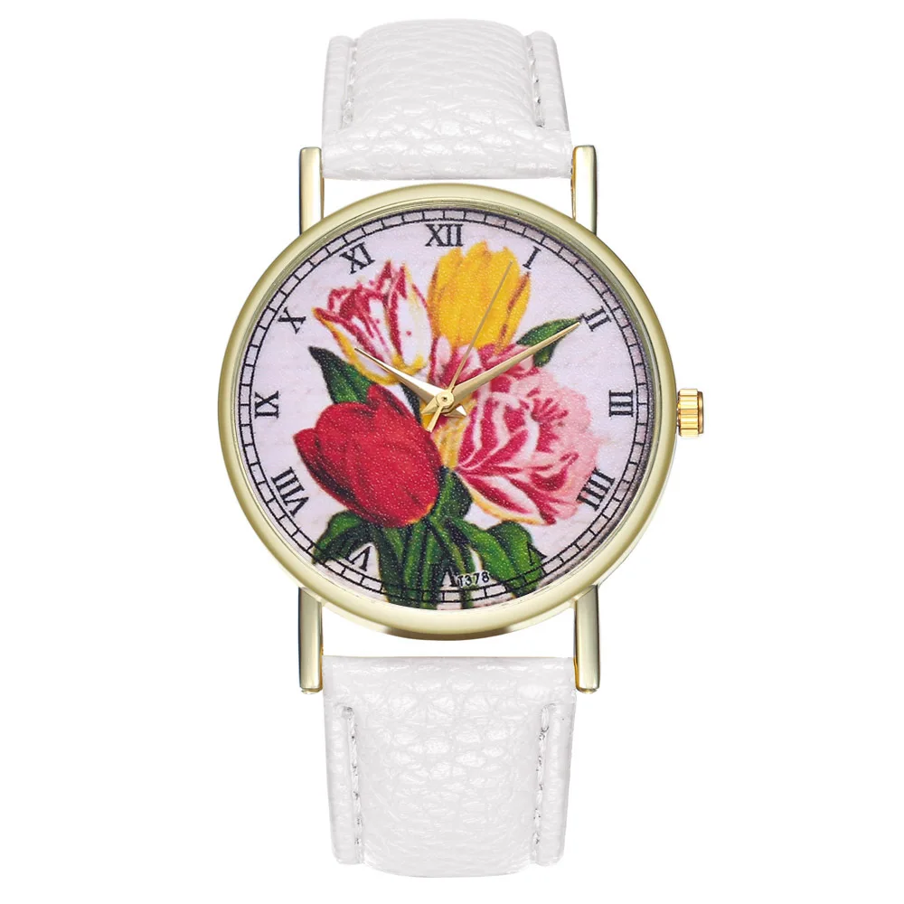 

Fashion Children Quartz Watch Women Red Leather Strap Rose Flower Pattern Roman Scale Gold Alloy Dial Kids Watches Girl T378-A