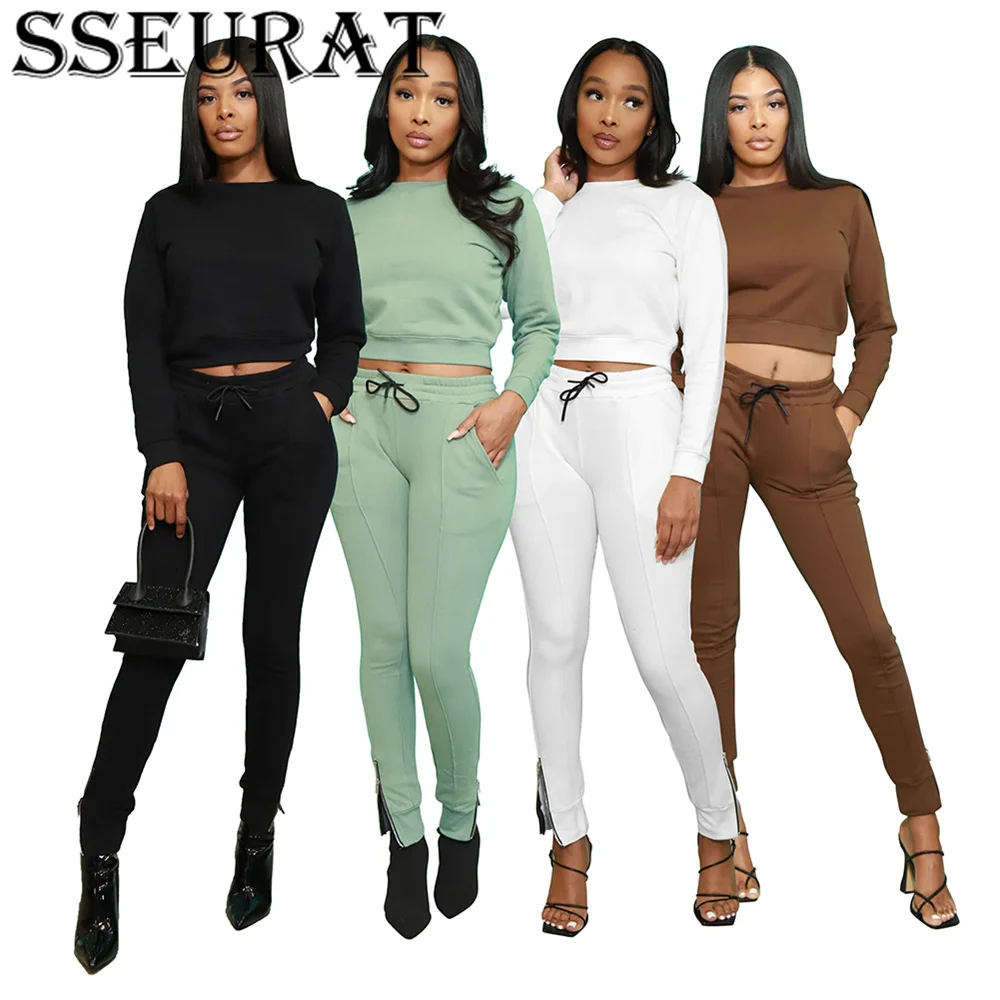 

SSEURAT Winter Solid 2 Piece Set Streetwear Autumn Fashion Lace-Up Outfits Women Elegant O-Neck Sweatshirt and Long Pants Suit