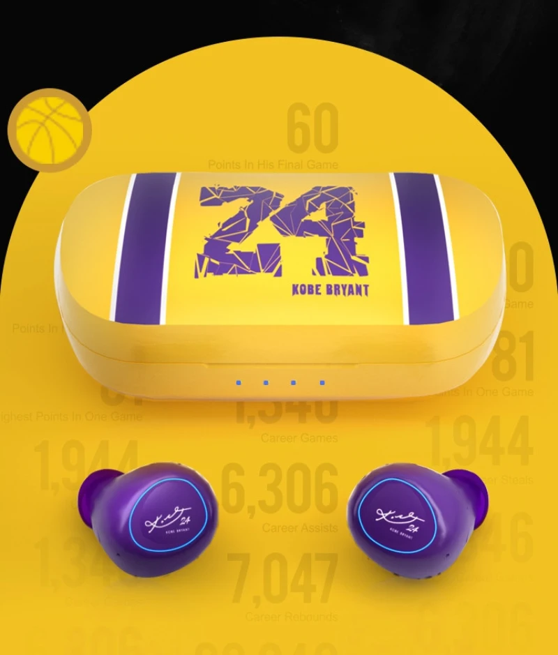 

Новые беспроводные Bluetooth 5,0 наушники с надписью Коби Брайант фиолетовые золотые династии Черная Мамба TWS баскетбольные спортивные наушники