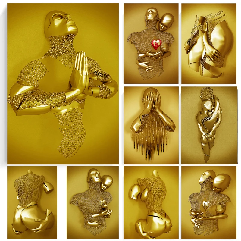 

Nordic Couple Statue Picture Art Canvas Painting Gold Erotic Man Sculpture Poster Printing Picture Bedroom Wall Home Decoration