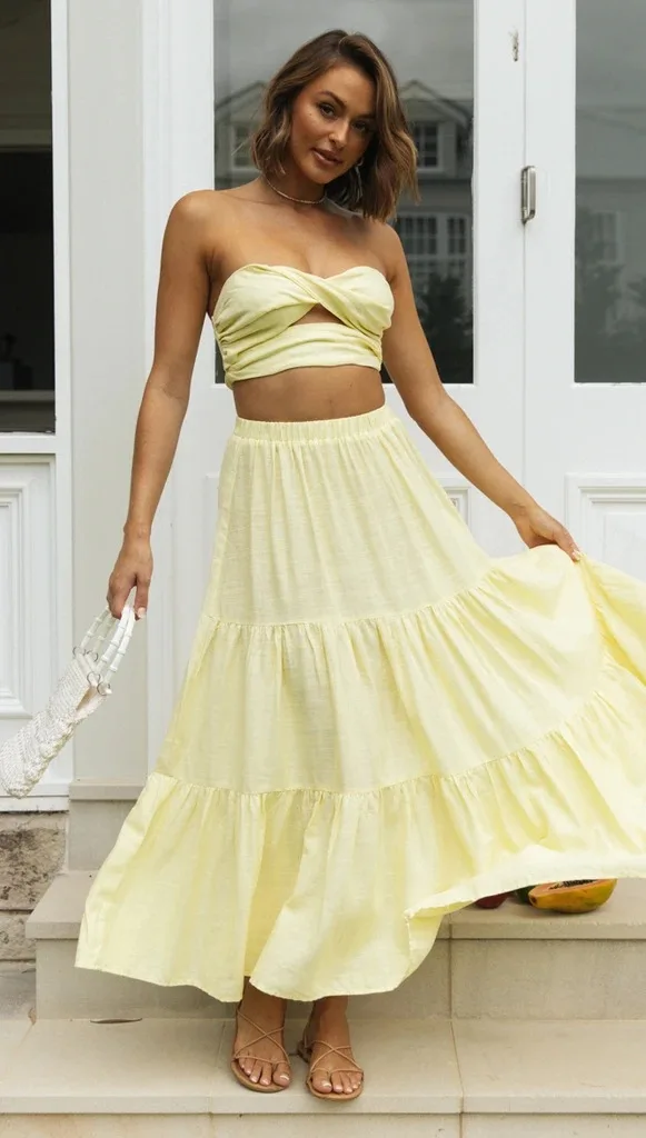 Женский сексуальный Топ без бретелек с открытой спиной и длинное платье комплект