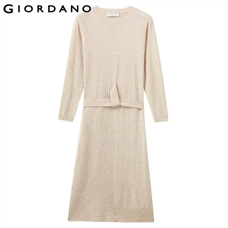 Женское трикотажное платье Giordano однотонное с поясом длинными рукавами и круглым