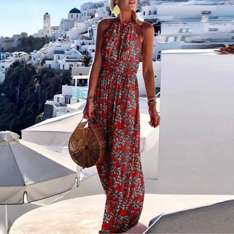 

2021 Summer Elegant Halter Sleeveless Maxi Dress Women Vintage Boho Floral Print Long Dress Ladies Halter Sleeveless Beach Dress