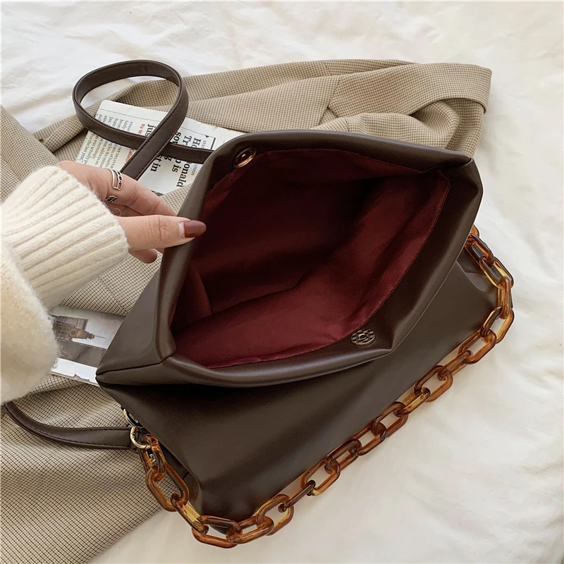

2020 winter new casual shoulder bag chain handbag fashion messenger bag solid color retro PU lady bag big bag