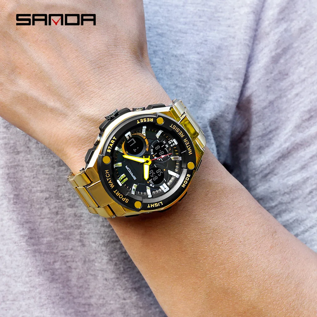 

Men's Three Eyes Dial Watch Dual Display Analog Digital LED Steel Belt Watches Male Mechanical Wrist Clock Reloj Hombre homme