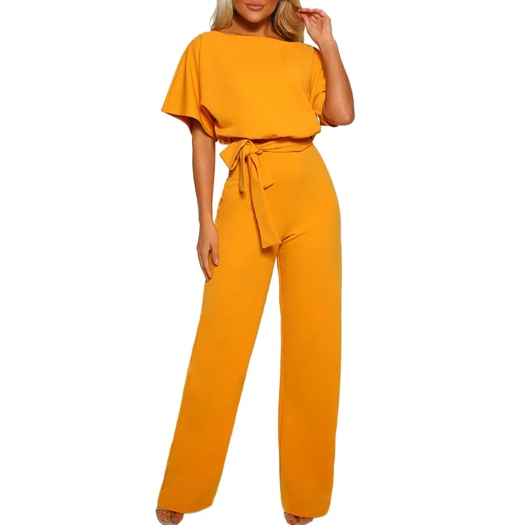 

GOOHOJIO Rompers Women Jumpsuit Short Sleeve Playsuit Clubwear Straight Leg Jumpsuit Women's With Belt Bodysuit Rompers