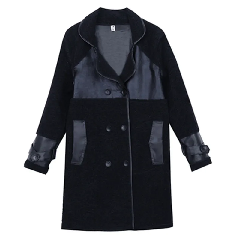Зимняя свободная Черная куртка из искусственной кожи большого размера