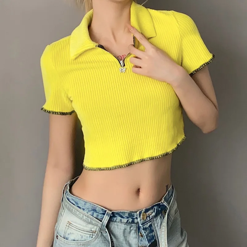 

Tank Tops Lapel Half Zip Short Sleeves Sexy Solid Color Crop Top Vest Street Stitching Casual Summer Fashion 2021 New Slim Women