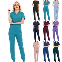 hospital uniform set solid color unisex surgical gown pocket v neck scrubs set
