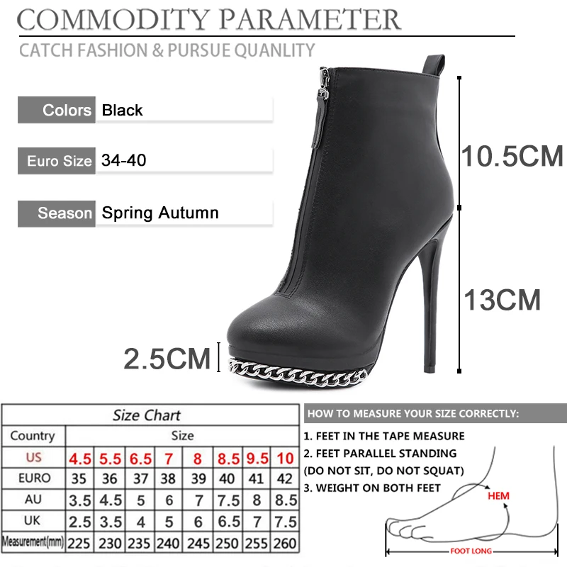 

BYQDY Fashion Metal Chain Female Punk Boots PU Leather Thin High Heels Ankle Boots Round Toe Zipper Platform Autumn Shoes 34-40