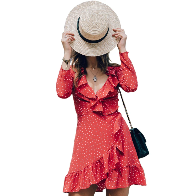 Мини платье в горошек с длинным рукавом и оборками повседневный пляжный сарафан