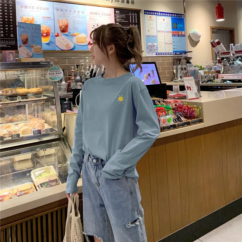 Harajuku Vintage t shirt Ulzzang Girlfriends kawaii rainbow stripe t-Shirts autumn Women Casual Loose long Sleeve pink Top Femme