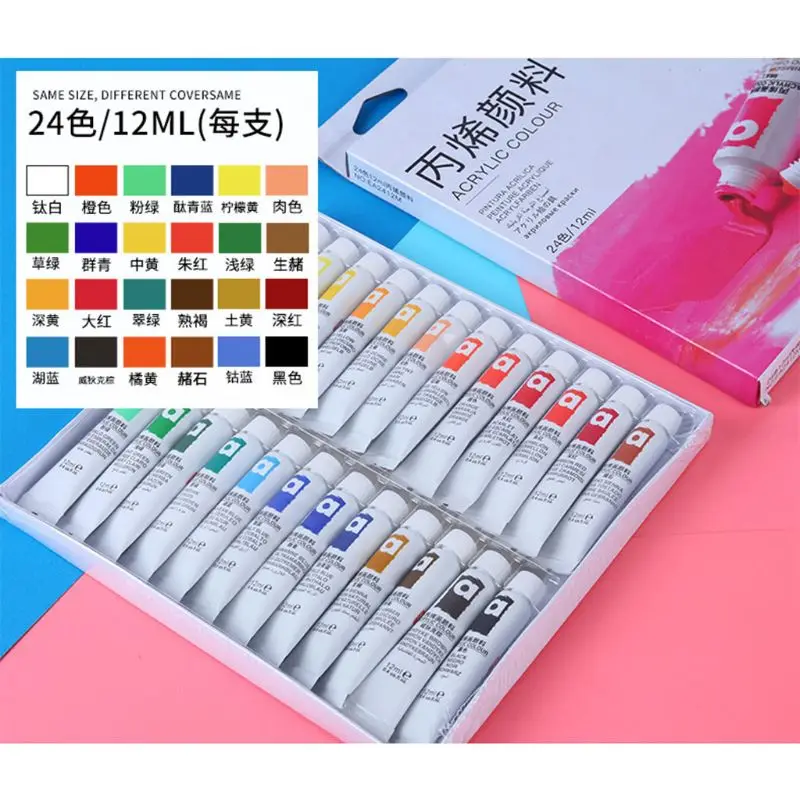 

12/24 Colors Professional Acrylic Paints Brush Set 12ml Tubes Artist Drawing Painting Pigment Hand Painted Wall Paint DIY