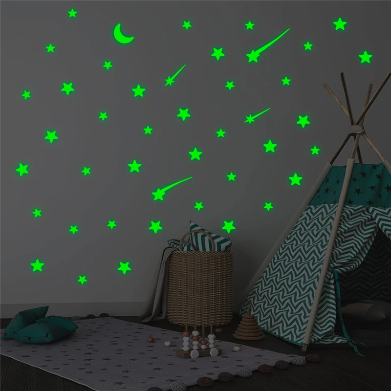 

creative meteor stars moon luminous on wall stickers bedroom home decorations green glow in the dark fluorescent wall decals