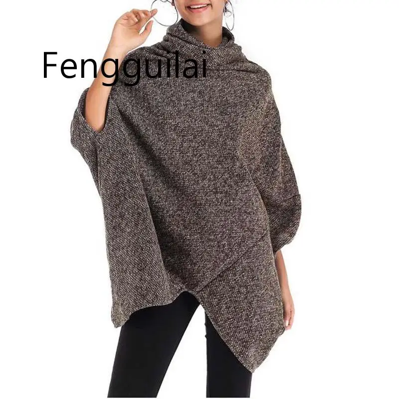 Женское свободное вязаное шерстяное пальто плащ повседневный Асимметричный