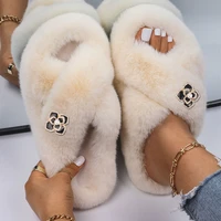 womens slippers fluffy flip flops camellia furry slides luxury designer slippers flat faux fur sandals female platform shoes