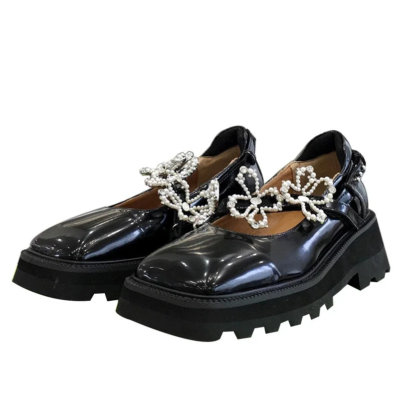 

New Flower Beaded Leather Mary Jane Shoes Spring and Summer British Style Pearl Square Toe Platform High Heel Pumps Shoes