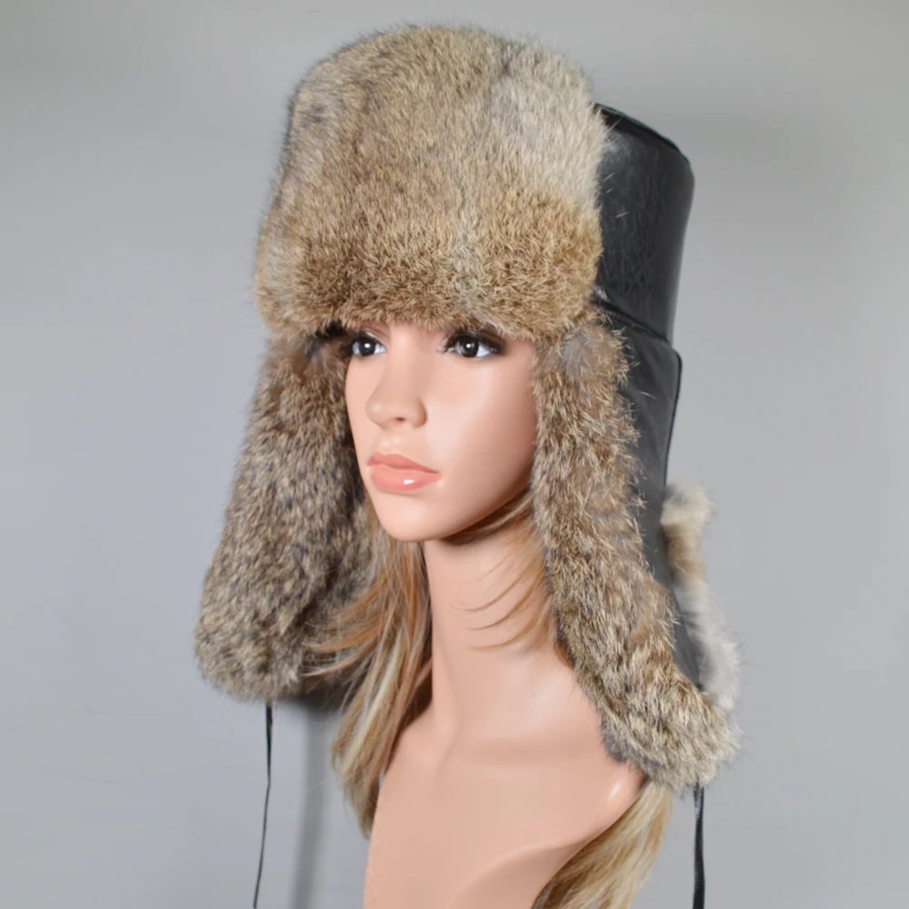 2020 Модная женская шапка-бомбер из натурального кроличьего меха зимняя